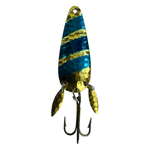 The Mook Lure Striper Blue fishing lure with a unique design and metallic colors for attracting fish.