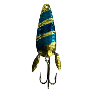The Mook Lure Striper Blue fishing lure with a unique design and metallic colors for attracting fish.