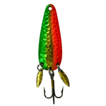 The Mook Lure - Shoppy Sherbert, colorful fishing lure with a red and green design and dual spinner blades.