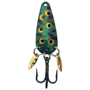 The Mook Lure - Bloody Frog, a hand-assembled fishing lure with a vibrant frog design and sharp hooks.