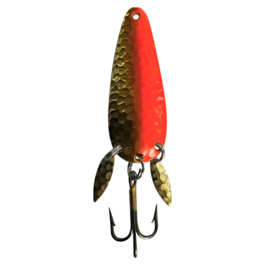 Mook lure Orange Crush with a vibrant red and gold design, featuring two ‘Clickerz’ above the hook for fish attraction.