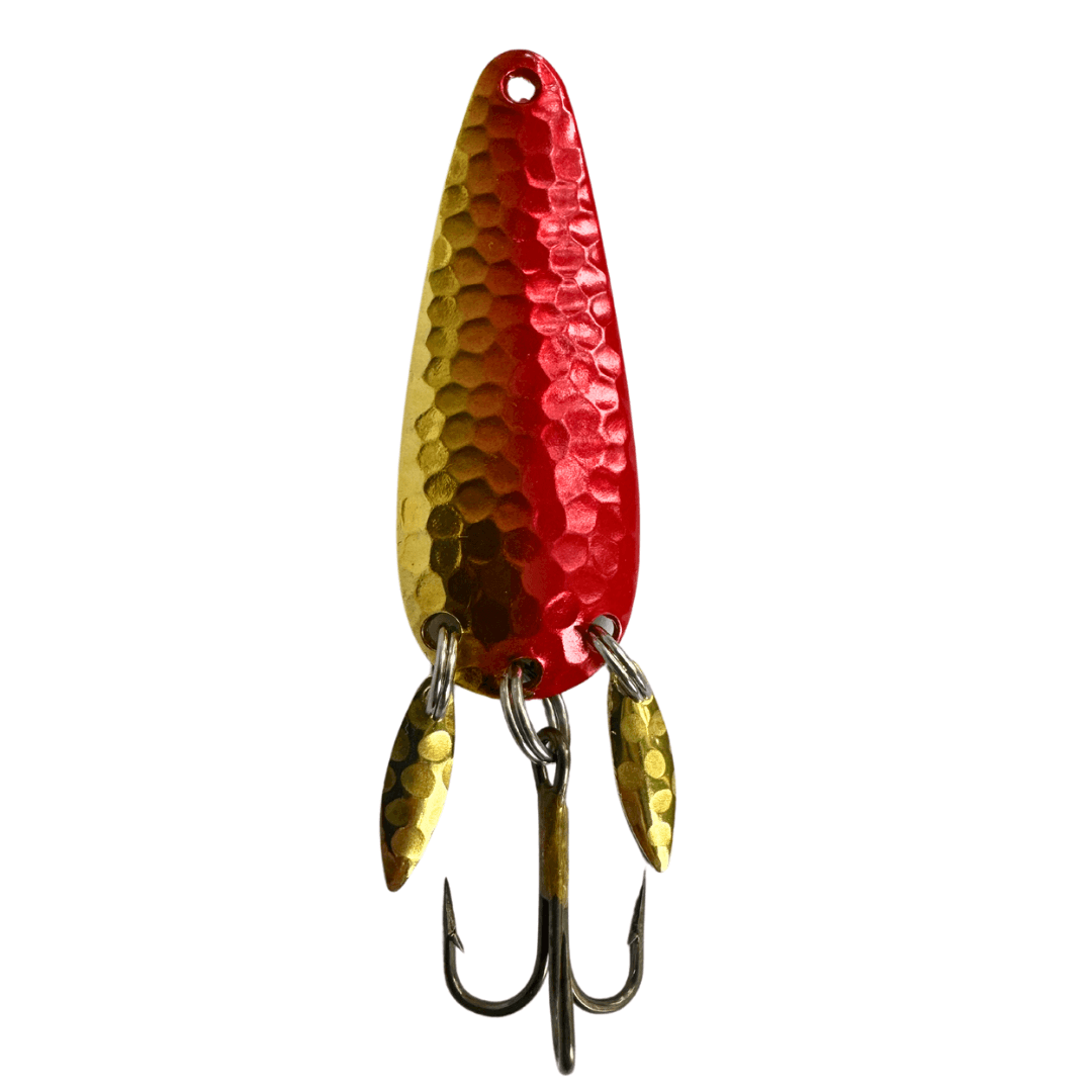 Mook fishing lure slasher in red and gold design with three hooks for effective fishing.