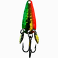 The Mook Lure, a colorful fishing lure featuring green, red, and gold design with triple treble hooks.