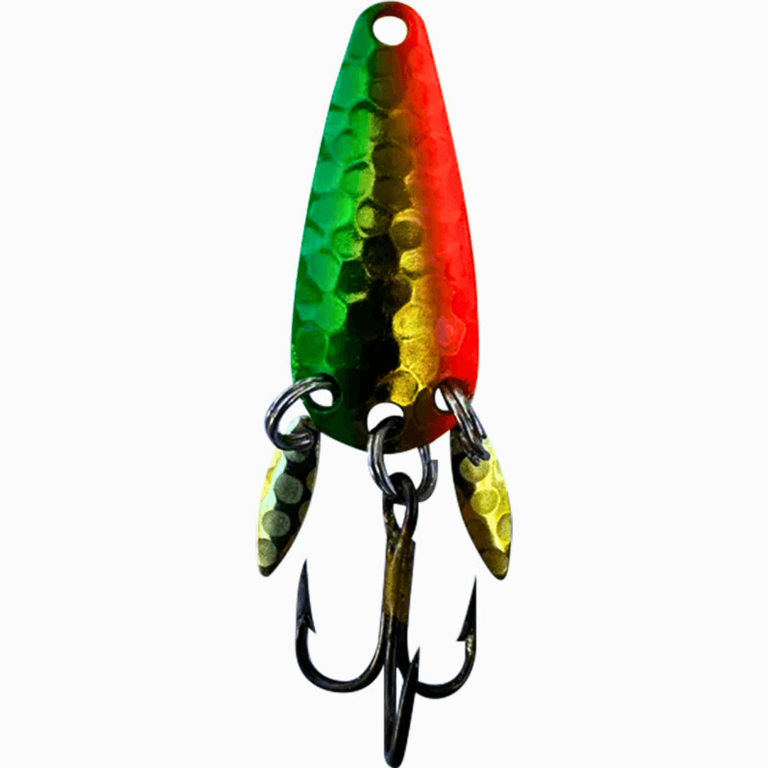 The Mook Lure, a colorful fishing lure featuring green, red, and gold design with triple treble hooks.