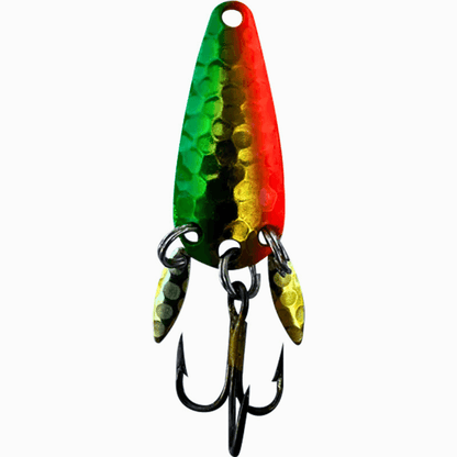 The Mook Lure, a colorful fishing lure featuring green, red, and gold design with triple treble hooks.