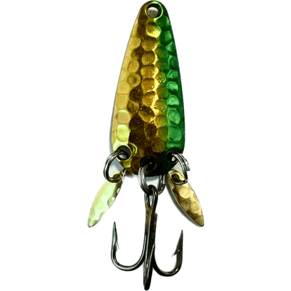 Mook fishing lure in navigation green and gold with attention-grabbing design and hooks for fishing.