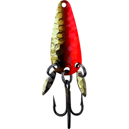 Mook lure Orange Crush with vibrant orange and gold design featuring hooks and attention-grabbing Clickerz for fishing.