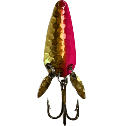 The Mook Lure Pink Lady fishing lure showcasing a vibrant pink and gold design with unique sound features.